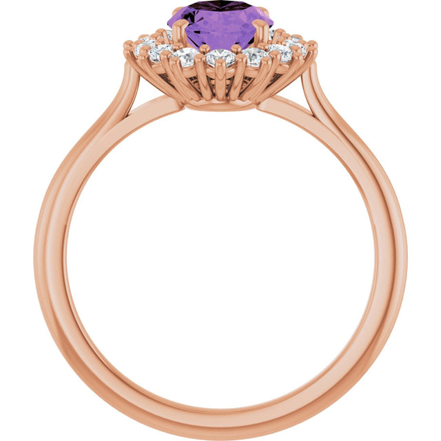 14K Gold Oval Natural Amethyst & Natural Diamond Halo-Style Ring – 8x6mm - Rose Gold - view 2