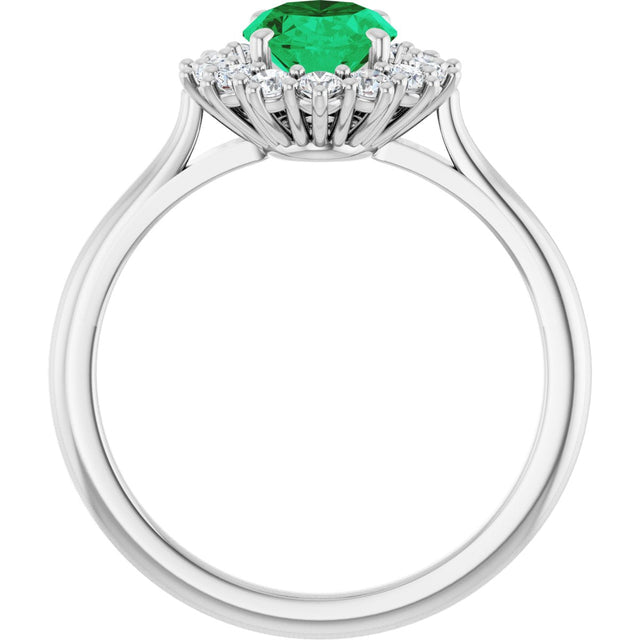 14K Gold Oval Lab-Grown Emerald & Natural Diamond Halo-Style Ring – 8x6mm - White Gold - view 2