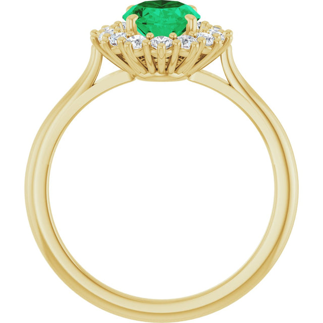 14K Gold Oval Lab-Grown Emerald & Natural Diamond Halo-Style Ring – 8x6mm - Yellow Gold - view 2