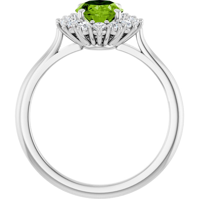 Platinum Oval Natural Peridot & Natural Diamond Halo-Style Ring - view 2
