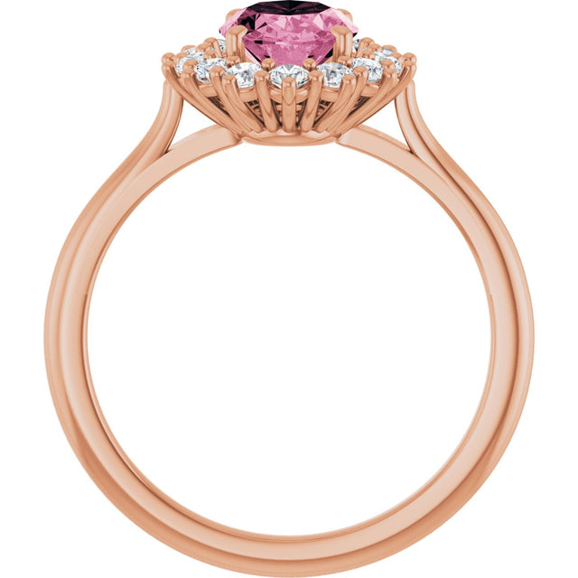 14K Gold Oval Natural Pink Tourmaline & Natural Diamond Halo-Style Ring - Rose Gold - view 2