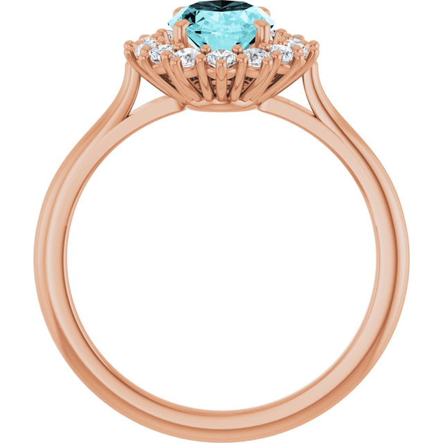 14K Gold Oval Natural Blue Zircon & Natural Diamond Halo-Style Ring - Rose Gold - view 2