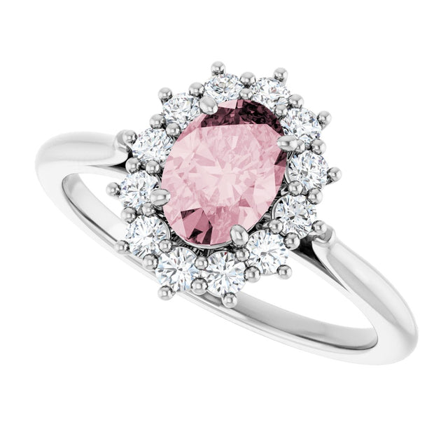 14K Gold Oval Natural Pink Morganite & Natural Diamond Halo-Style Ring – 7mm Stones - White Gold - view 5