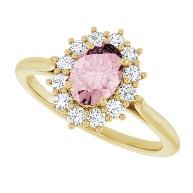 14K Gold Oval Natural Pink Morganite & Natural Diamond Halo-Style Ring – 7mm Stones - Yellow Gold - view 5