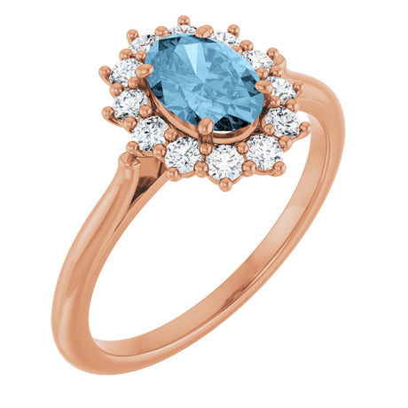 14K Gold Emerald Natural Sky Blue Topaz & Lab-Grown Diamond Halo-Style Ring - Rose Gold