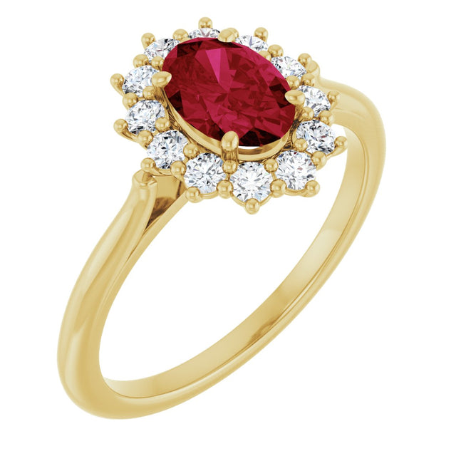10K Gold Emerald Lab-Grown Ruby & Lab-Grown Diamond Halo-Style Ring - Yellow Gold