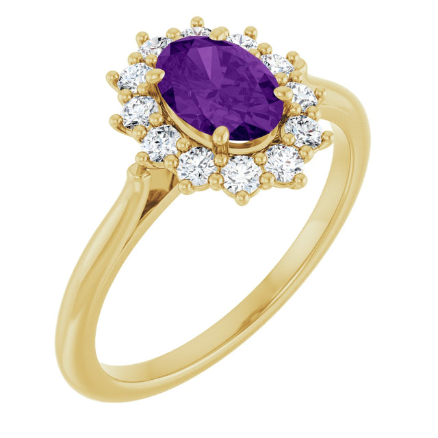 10K Gold Emerald Natural Amethyst & Lab-Grown Diamond Halo-Style Ring - Yellow Gold