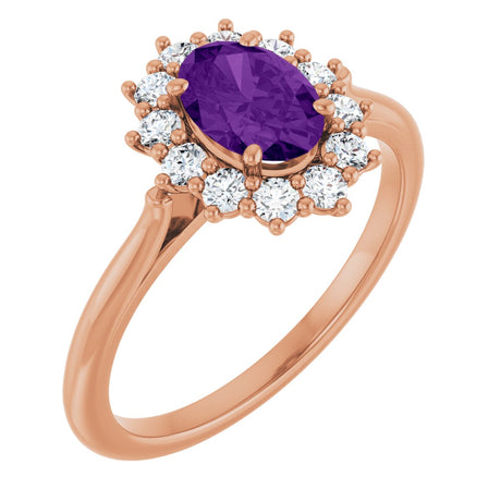 14K Gold Emerald Natural Amethyst & Lab-Grown Diamond Halo-Style Ring - Rose Gold