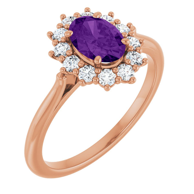 14K Gold Emerald Natural Amethyst & Lab-Grown Diamond Halo-Style Ring - Rose Gold