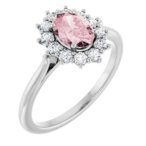 14K Gold Oval Natural Pink Morganite & Natural Diamond Halo-Style Ring – 7mm Stones - White Gold