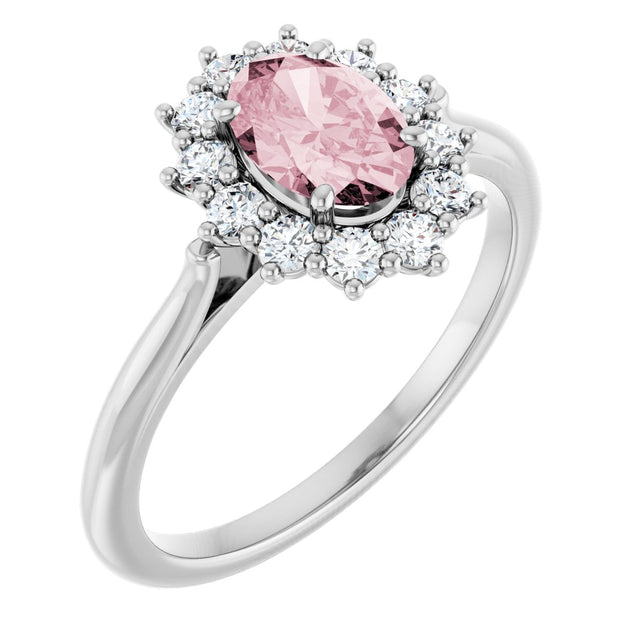 14K Gold Oval Natural Pink Morganite & Natural Diamond Halo-Style Ring – 7mm Stones - White Gold