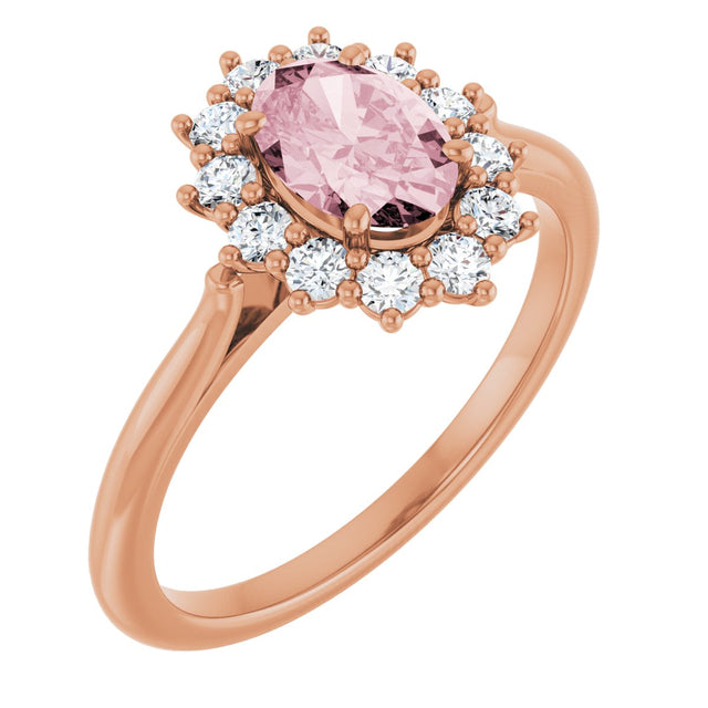 14K Gold Oval Natural Pink Morganite & Natural Diamond Halo-Style Ring – 7mm Stones - Rose Gold