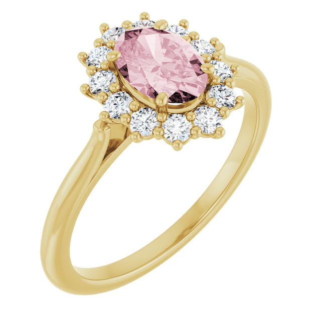 14K Gold Oval Natural Pink Morganite & Natural Diamond Halo-Style Ring – 7mm Stones - Yellow Gold