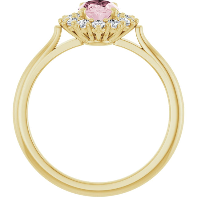 14K Gold Oval Natural Pink Morganite & Natural Diamond Halo-Style Ring – 7mm Stones - Yellow Gold - view 2