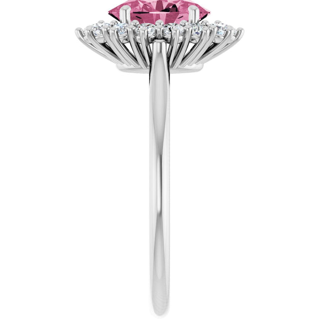 14K Gold Oval Natural Pink Tourmaline & Natural Diamond Halo-Style Ring - White Gold - view 4