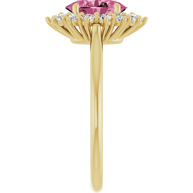 14K Gold Oval Natural Pink Tourmaline & Natural Diamond Halo-Style Ring - Yellow Gold - view 4