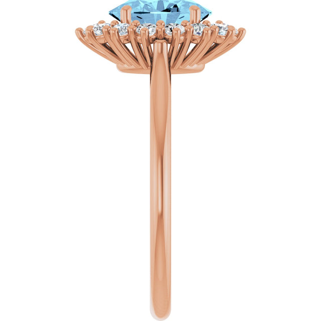 14K Gold Oval Natural Aquamarine & Natural Diamond Halo-Style Ring - Rose Gold - view 4