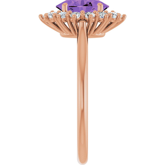 14K Gold Oval Natural Amethyst & Natural Diamond Halo-Style Ring – 8x6mm - Rose Gold - view 4