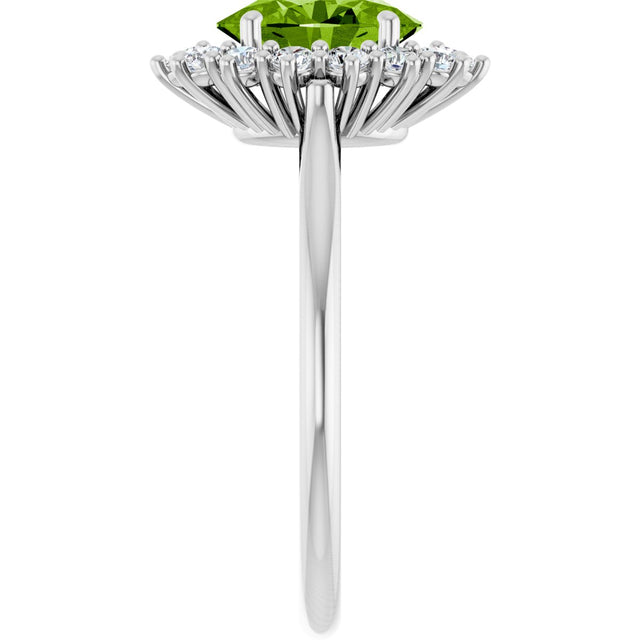 Platinum Oval Natural Peridot & Natural Diamond Halo-Style Ring - view 4