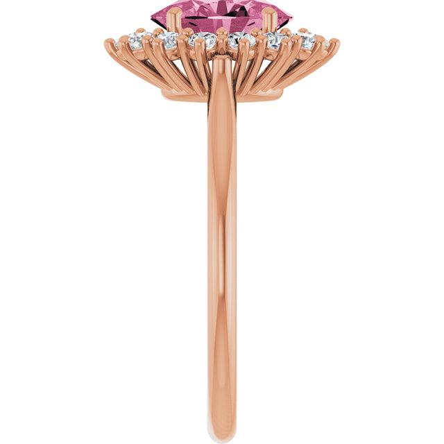 14K Gold Oval Natural Pink Tourmaline & Natural Diamond Halo-Style Ring - Rose Gold - view 4