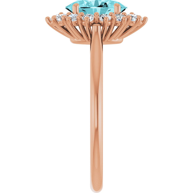 14K Gold Oval Natural Blue Zircon & Natural Diamond Halo-Style Ring - Rose Gold - view 4