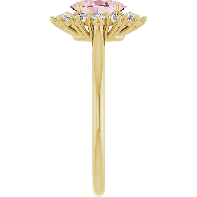 14K Gold Oval Natural Pink Morganite & Natural Diamond Halo-Style Ring – 7mm Stones - Yellow Gold - view 4