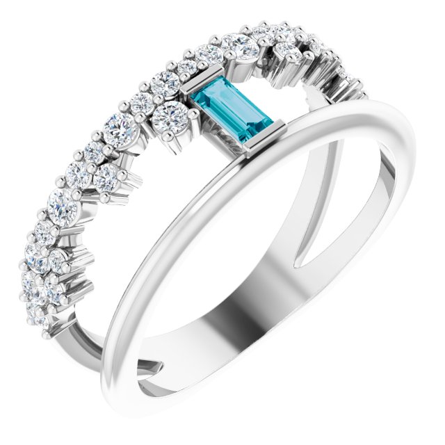 Platinum Straight Baguette Natural London Blue Topaz & Natural Diamond Negative Space Ring – 4mm Stones