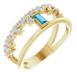 14K Gold Straight Baguette Natural London Blue Topaz & Natural Diamond Negative Space Ring – 4mm Stones - Yellow Gold