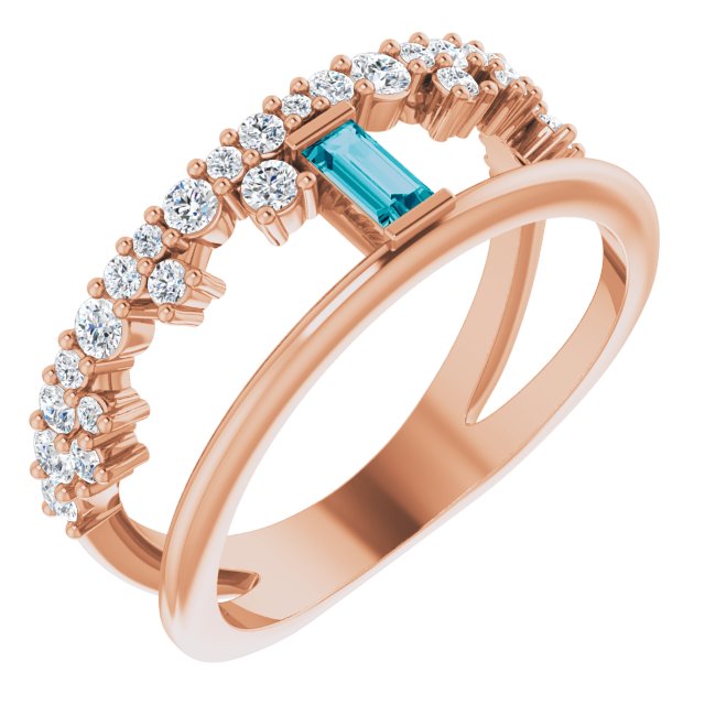 14K Gold Straight Baguette Natural London Blue Topaz & Natural Diamond Negative Space Ring – 4mm Stones - Rose Gold
