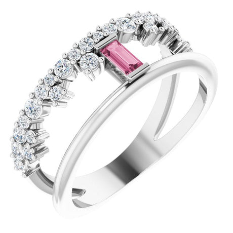 Platinum Straight Baguette Natural Pink Tourmaline & Natural Diamond Negative Space Ring