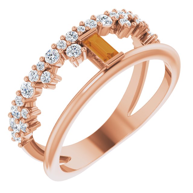14K Gold Straight Baguette Natural Citrine & Natural Diamond Negative Space Ring - Rose Gold