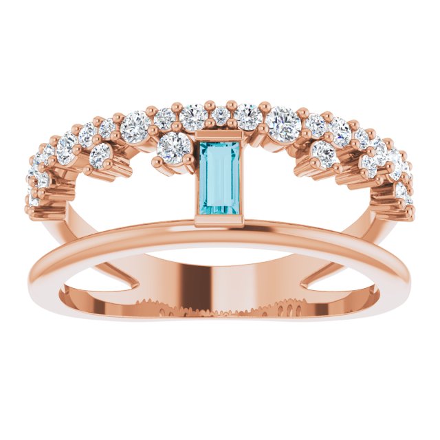 14K Gold Straight Baguette Natural London Blue Topaz & Natural Diamond Negative Space Ring – 4mm Stones - Rose Gold - view 3