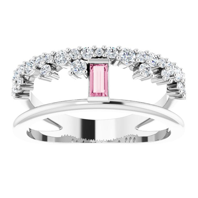 Platinum Straight Baguette Natural Pink Tourmaline & Natural Diamond Negative Space Ring - view 3