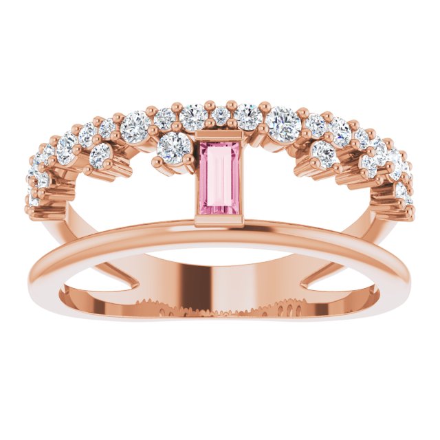 14K Gold Straight Baguette Natural Pink Tourmaline & Natural Diamond Negative Space Ring – 4x2mm - Rose Gold - view 3