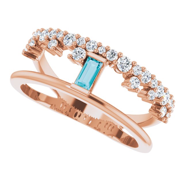 14K Gold Straight Baguette Natural London Blue Topaz & Natural Diamond Negative Space Ring – 4mm Stones - Rose Gold - view 5