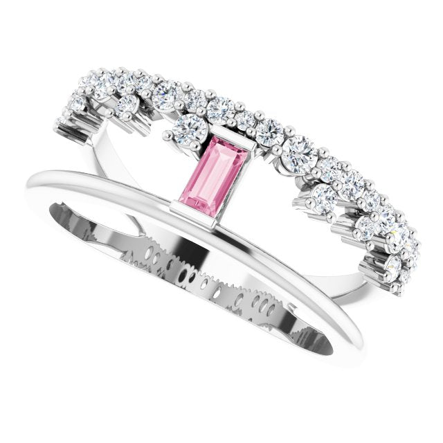 14K Gold Straight Baguette Natural Pink Tourmaline & Natural Diamond Negative Space Ring – 4x2mm - White Gold - view 5