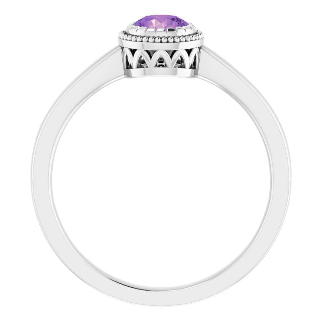 14K Gold Natural Amethyst Milgrain Bezel-Set Solitaire Birthstone Ring - White Gold - view 2