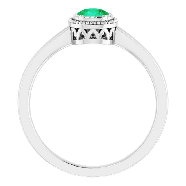 14K Gold Natural Emerald Milgrain Bezel-Set Solitaire Birthstone Ring - White Gold - view 2
