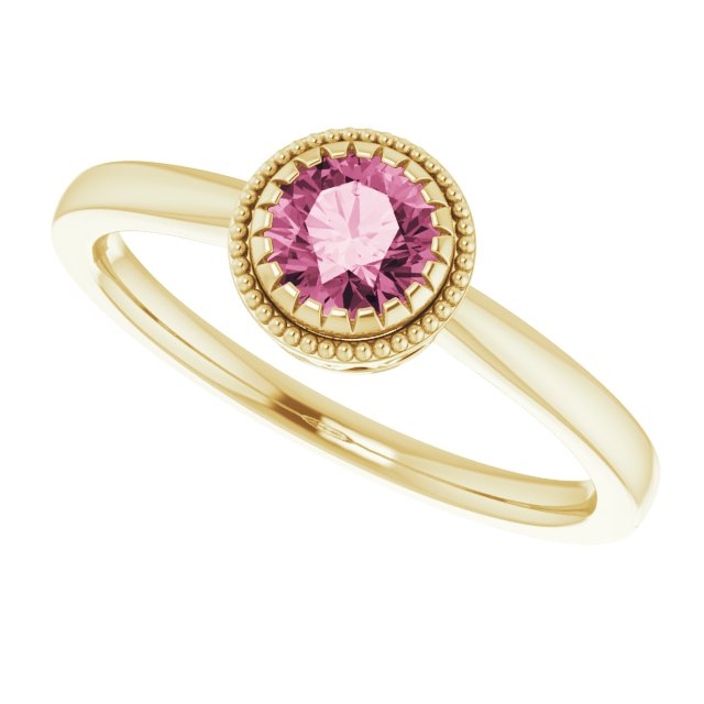 14K Gold Natural Pink Tourmaline Milgrain Bezel-Set Solitaire Birthstone Ring - Yellow Gold - view 5