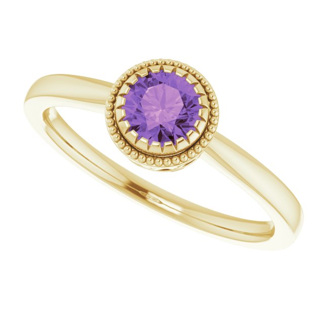 14K Gold Natural Amethyst Milgrain Bezel-Set Solitaire Birthstone Ring - Yellow Gold - view 5