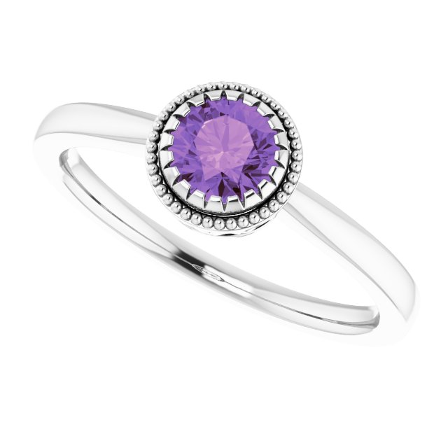 14K Gold Natural Amethyst Milgrain Bezel-Set Solitaire Birthstone Ring - White Gold - view 5