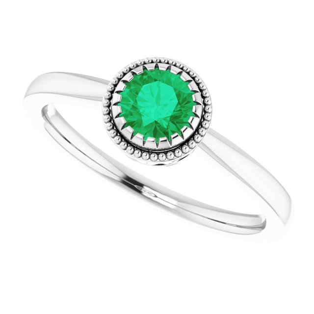 14K Gold Natural Emerald Milgrain Bezel-Set Solitaire Birthstone Ring - White Gold - view 5