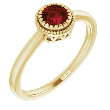 14K Gold Natural Garnet Milgrain Bezel-Set Solitaire Birthstone Ring - Yellow Gold