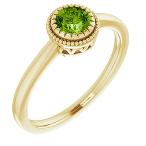14K Gold Natural Peridot Milgrain Bezel-Set Solitaire Birthstone Ring