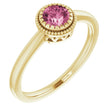 14K Gold Natural Pink Tourmaline Milgrain Bezel-Set Solitaire Birthstone Ring - Yellow Gold