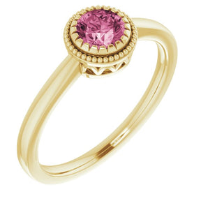 14K Gold Natural Pink Tourmaline Milgrain Bezel-Set Solitaire Birthstone Ring - Yellow Gold