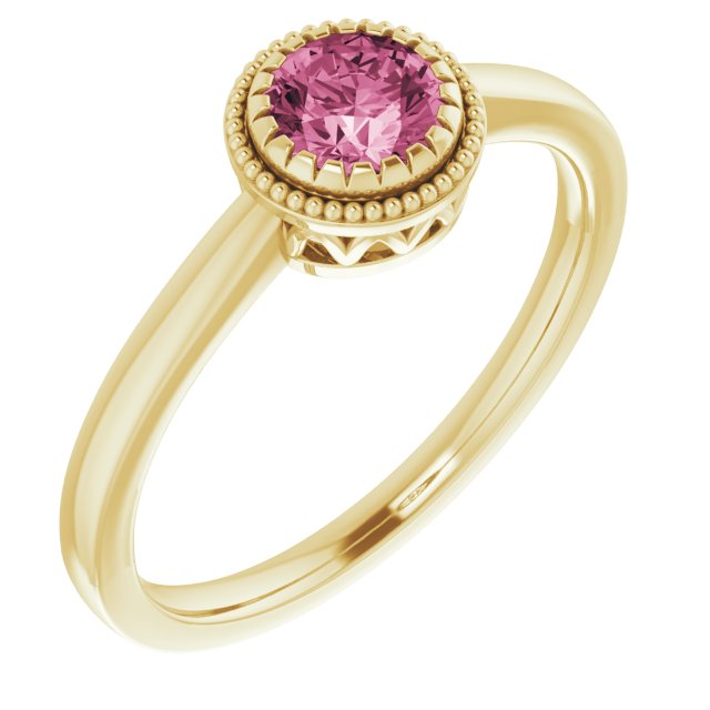 14K Gold Natural Pink Tourmaline Milgrain Bezel-Set Solitaire Birthstone Ring - Yellow Gold