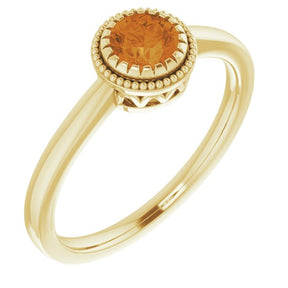14K Gold Natural Citrine Milgrain Bezel-Set Solitaire Birthstone Ring