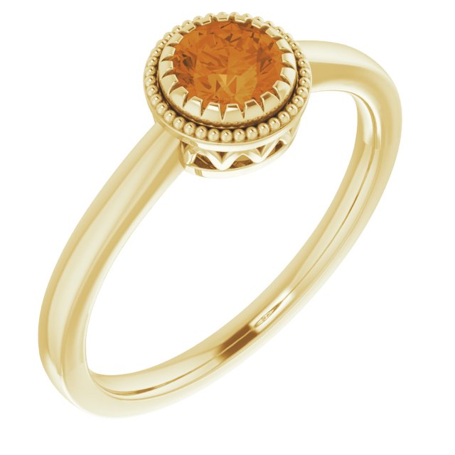 14K Gold Natural Citrine Milgrain Bezel-Set Solitaire Birthstone Ring