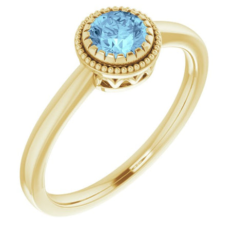 14K Gold Natural Aquamarine Milgrain Bezel-Set Solitaire Birthstone Ring - Yellow Gold